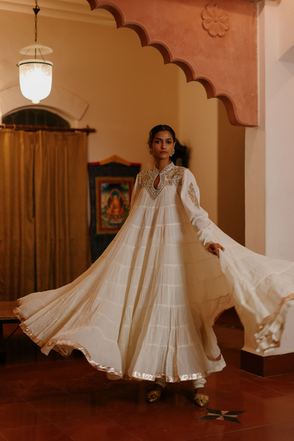 Off white 100 frill kurta with yolk embroidery