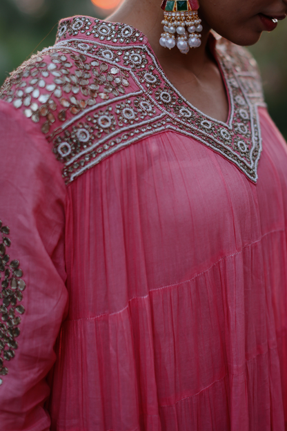 Pink 10 frill kurta with bead yoke embroidery