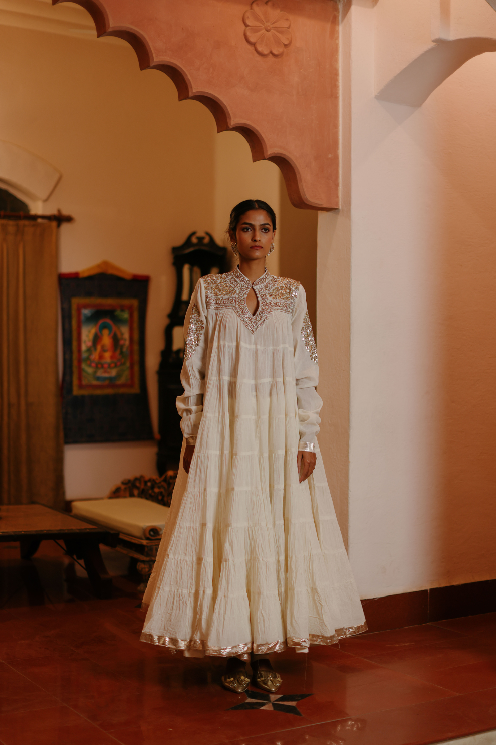 Off white 100 frill kurta with yolk embroidery