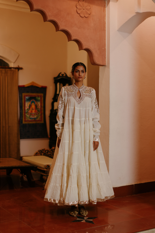 Off white 100 frill kurta with yolk embroidery