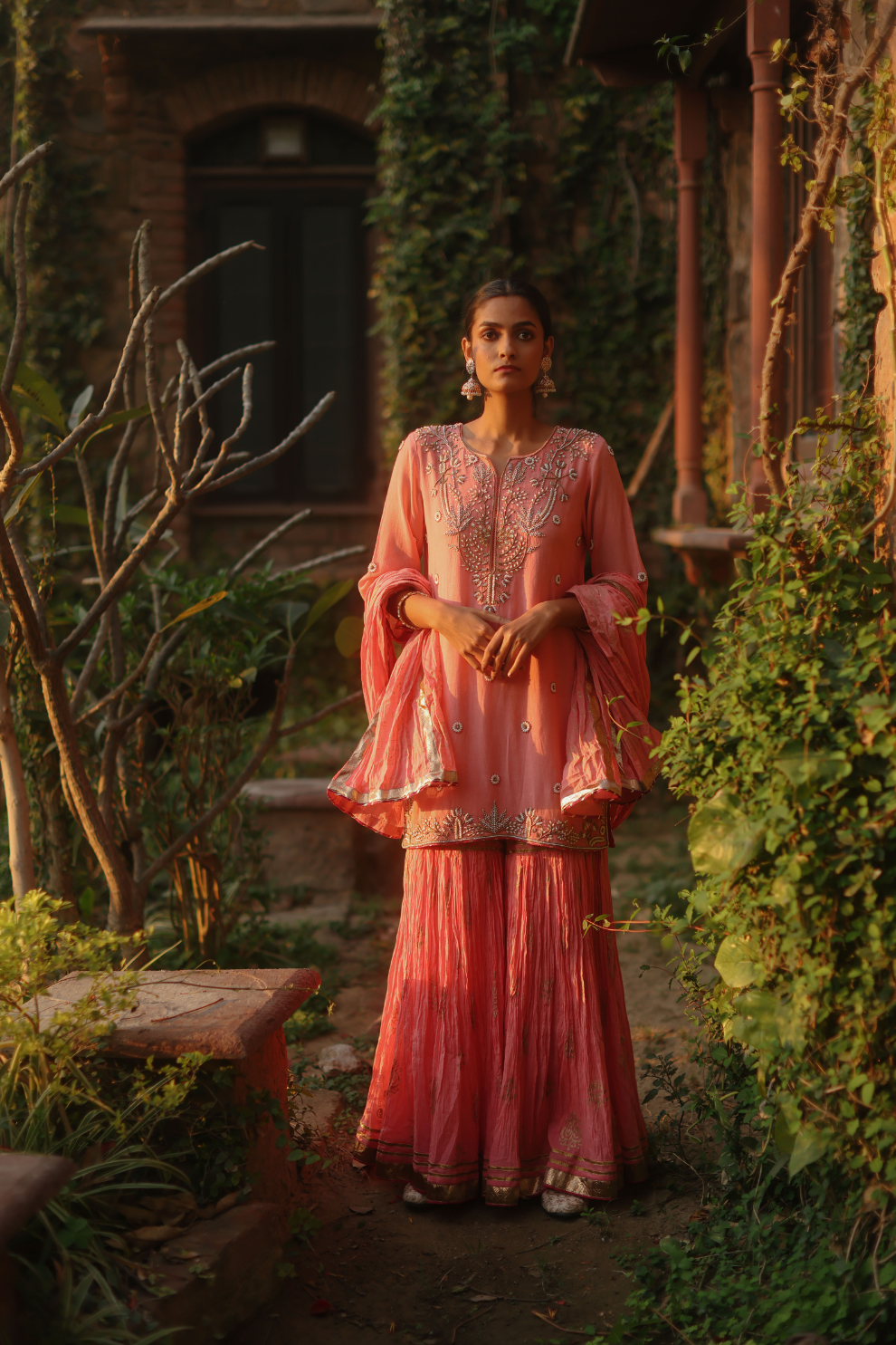 Coral short kurta with bead work