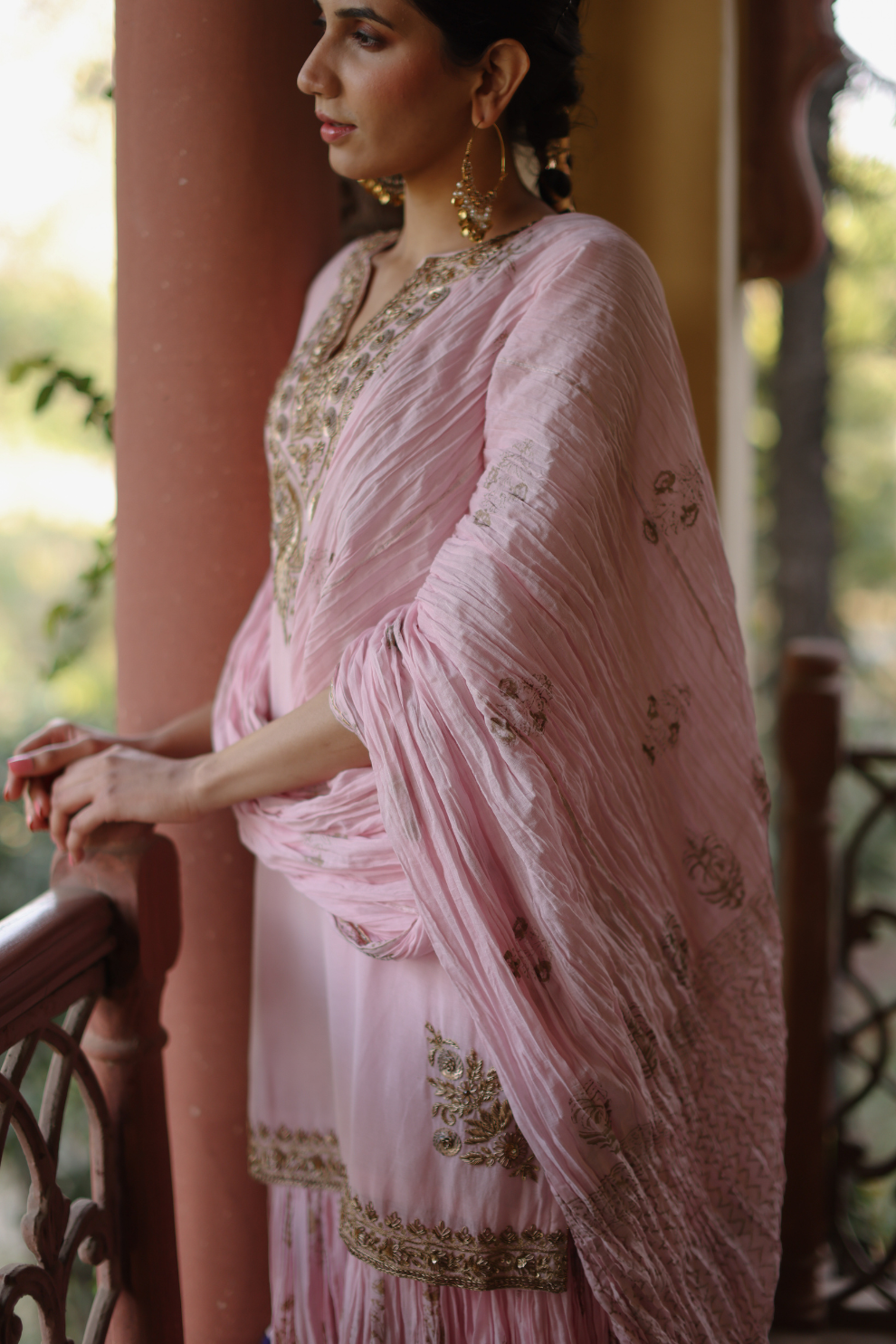 Pink kurta with crushed khadi printed pallazo and dupatta