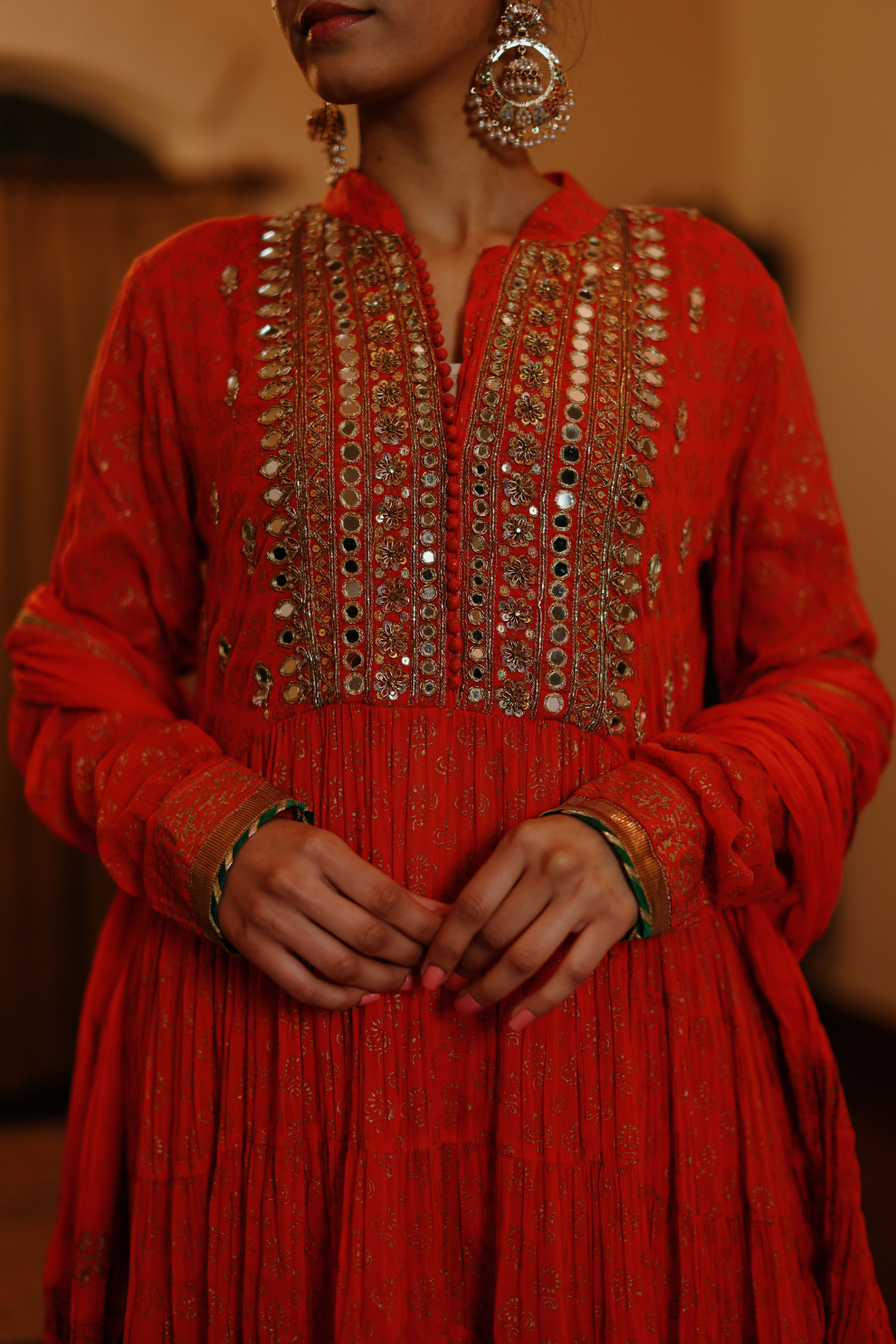 Orange anarkali with mirror embroidery