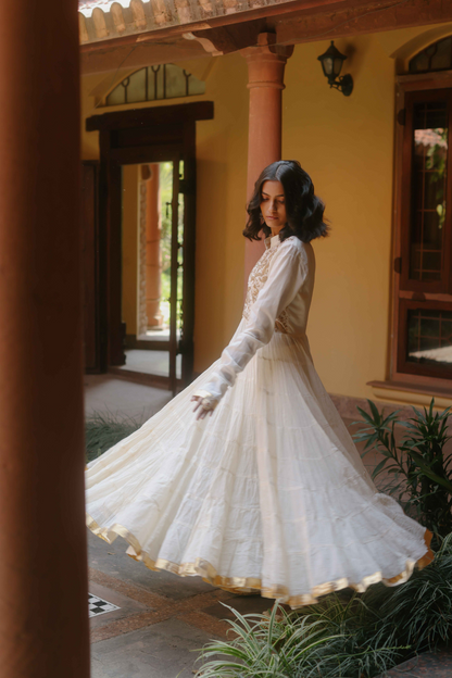 Ivory crushed Anarkali with gold embroidery