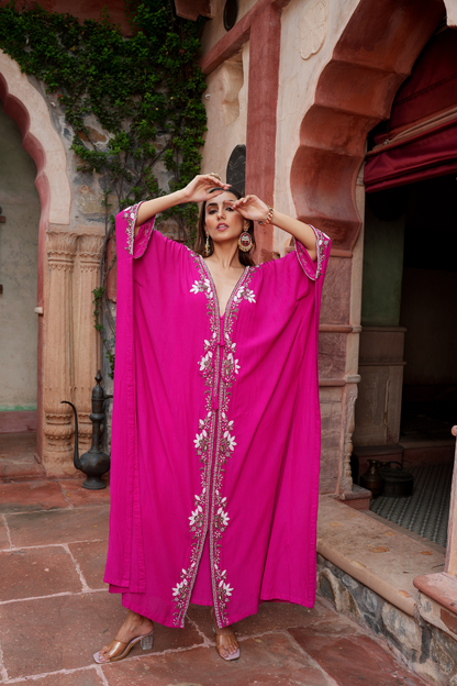 Hand-embroidered pearl kaftan with pants