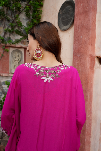 Hand-embroidered pearl kaftan with pants