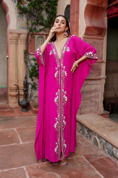 Hand-embroidered pearl kaftan with pants