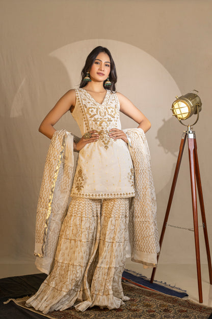 Foil-Printed Kurta with Bead & Aari Work, Garara, and Block-Printed Dupatta