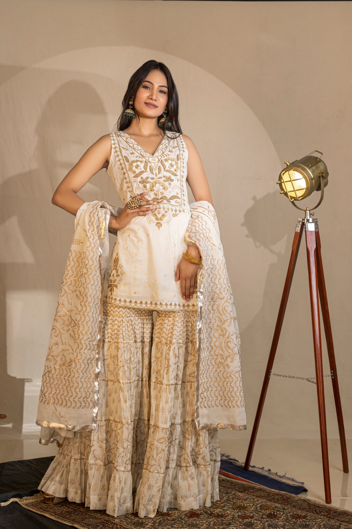 Foil-Printed Kurta with Bead & Aari Work, Garara, and Block-Printed Dupatta