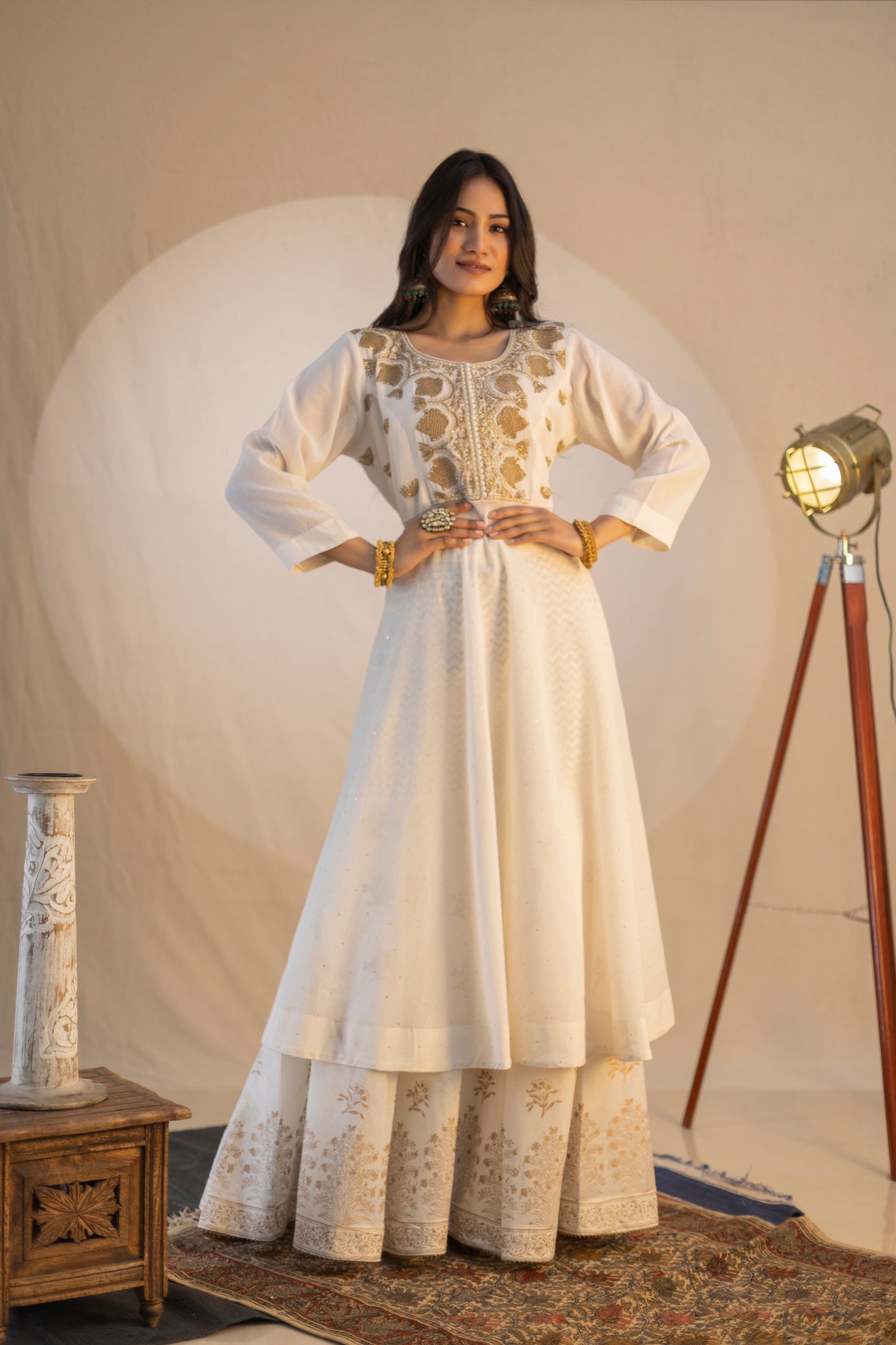 Hand-Embroidered Kurta with Aari & Sequin, Kalidar Skirt, and Gold Block-Printed Dupatta with Garara