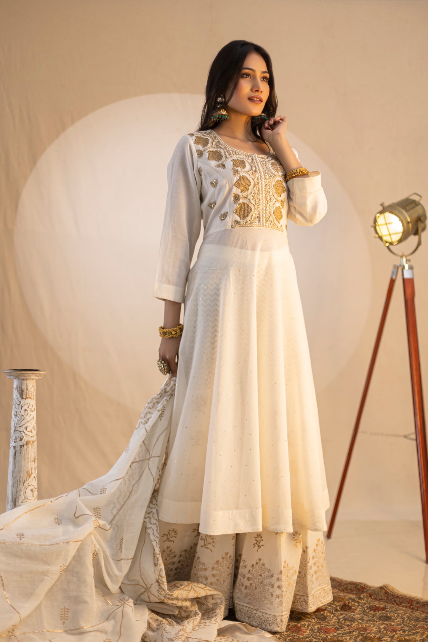 Hand-Embroidered Kurta with Aari & Sequin, Kalidar Skirt, and Gold Block-Printed Dupatta with Garara