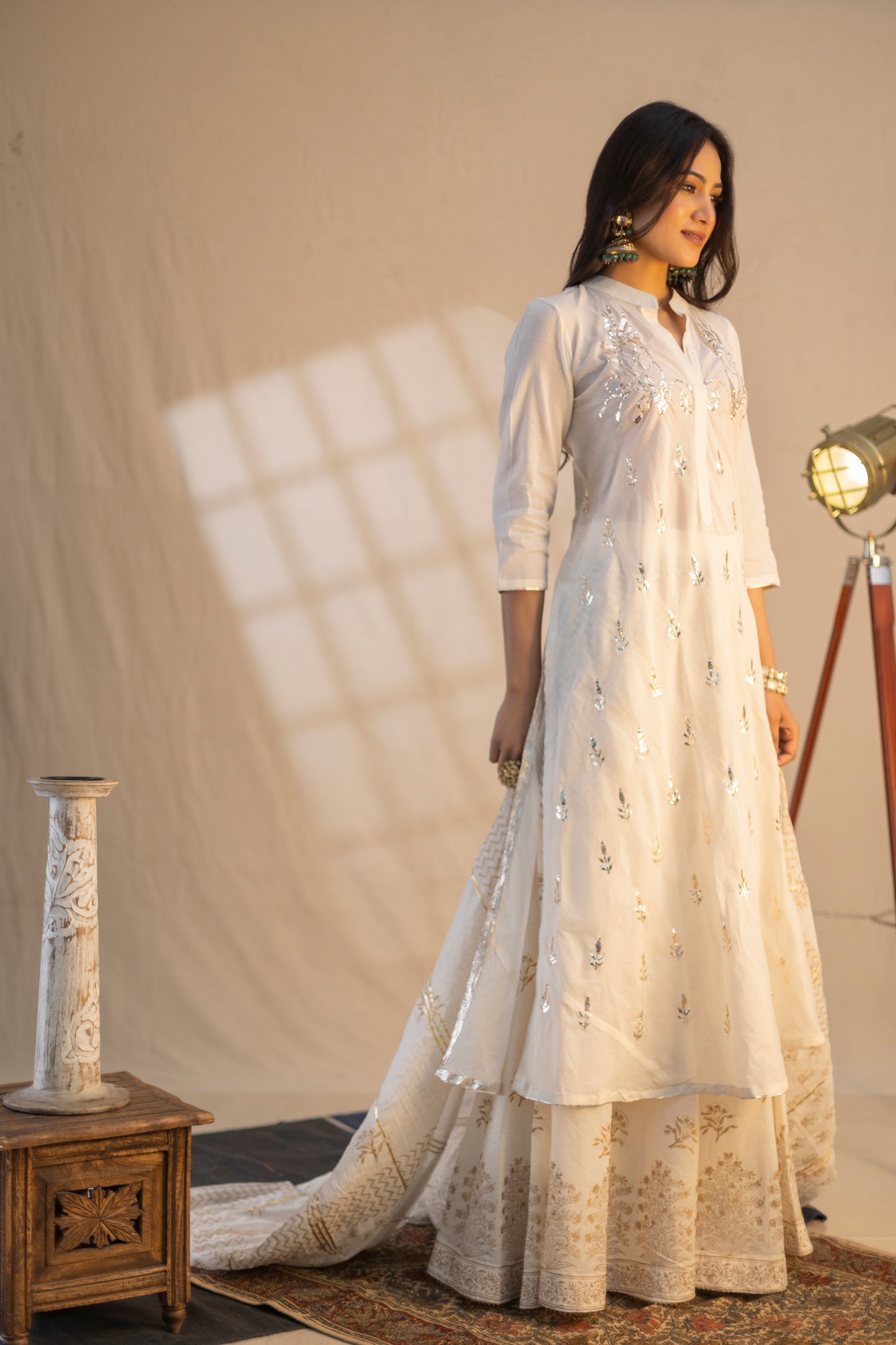 A-Line Kurta with Mukaish (Kamdani) Work, Khari Printed Skirt, and Matching Dupatta