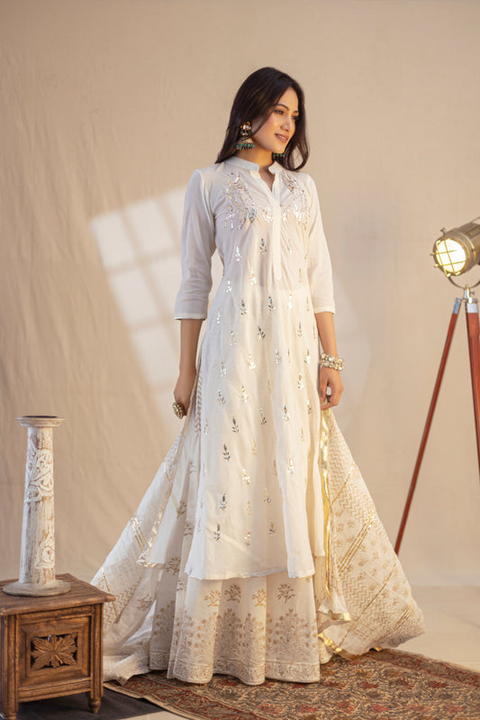 A-Line Kurta with Mukaish (Kamdani) Work, Khari Printed Skirt, and Matching Dupatta