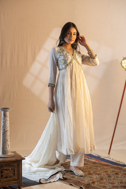 Crushed Kurta with Gold and Black Hand Embroidery, Dupatta, and Churidar