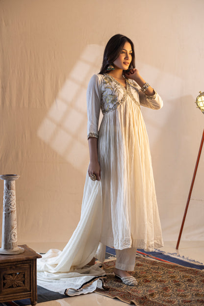 Crushed Kurta with Gold and Black Hand Embroidery, Dupatta, and Churidar