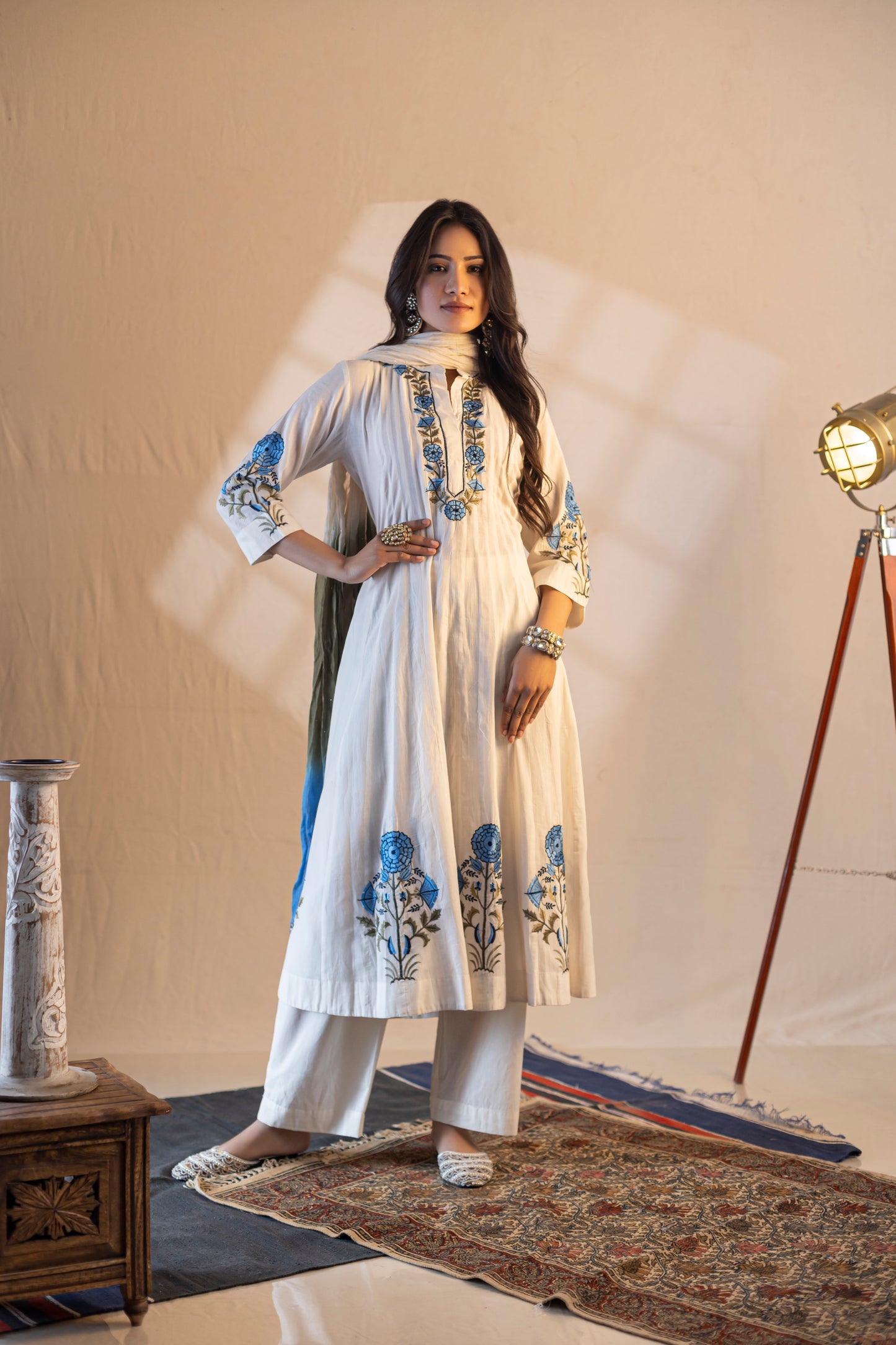 Embroidered Kurta with Pants and Shaded Dupatta