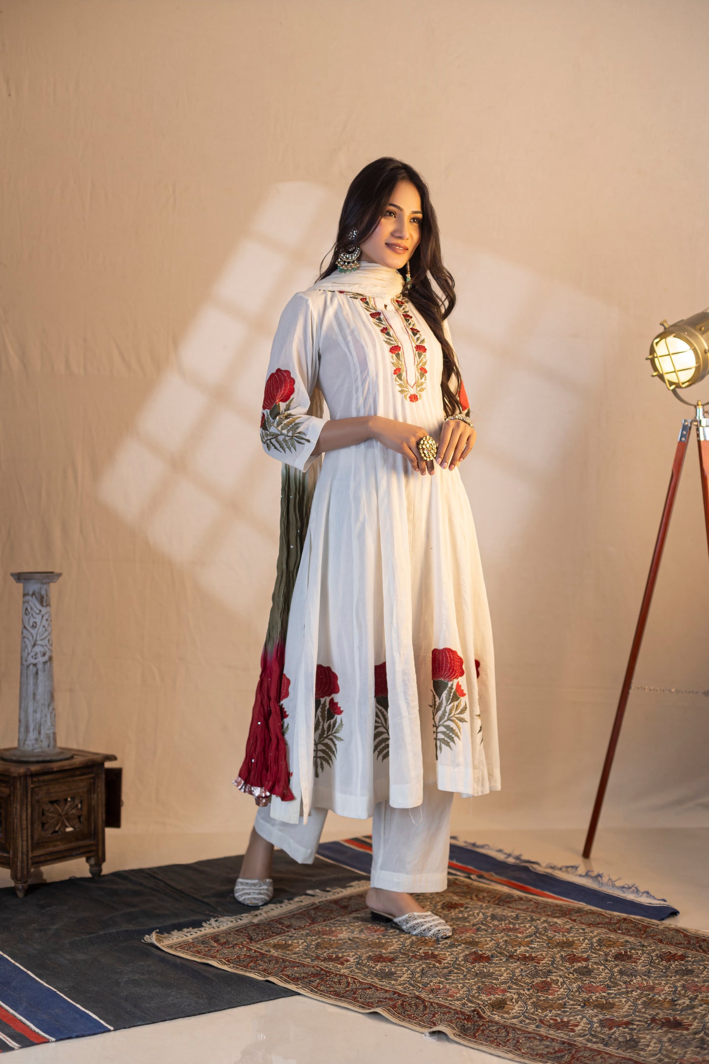 Embroidered Kurta with Coordinated Pants and Shaded Dupatta