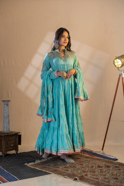 Block-Printed Anarkali Kurta with Gota Patti and Kundan Embellishments, Khari Printed Dupatta, and Churidar