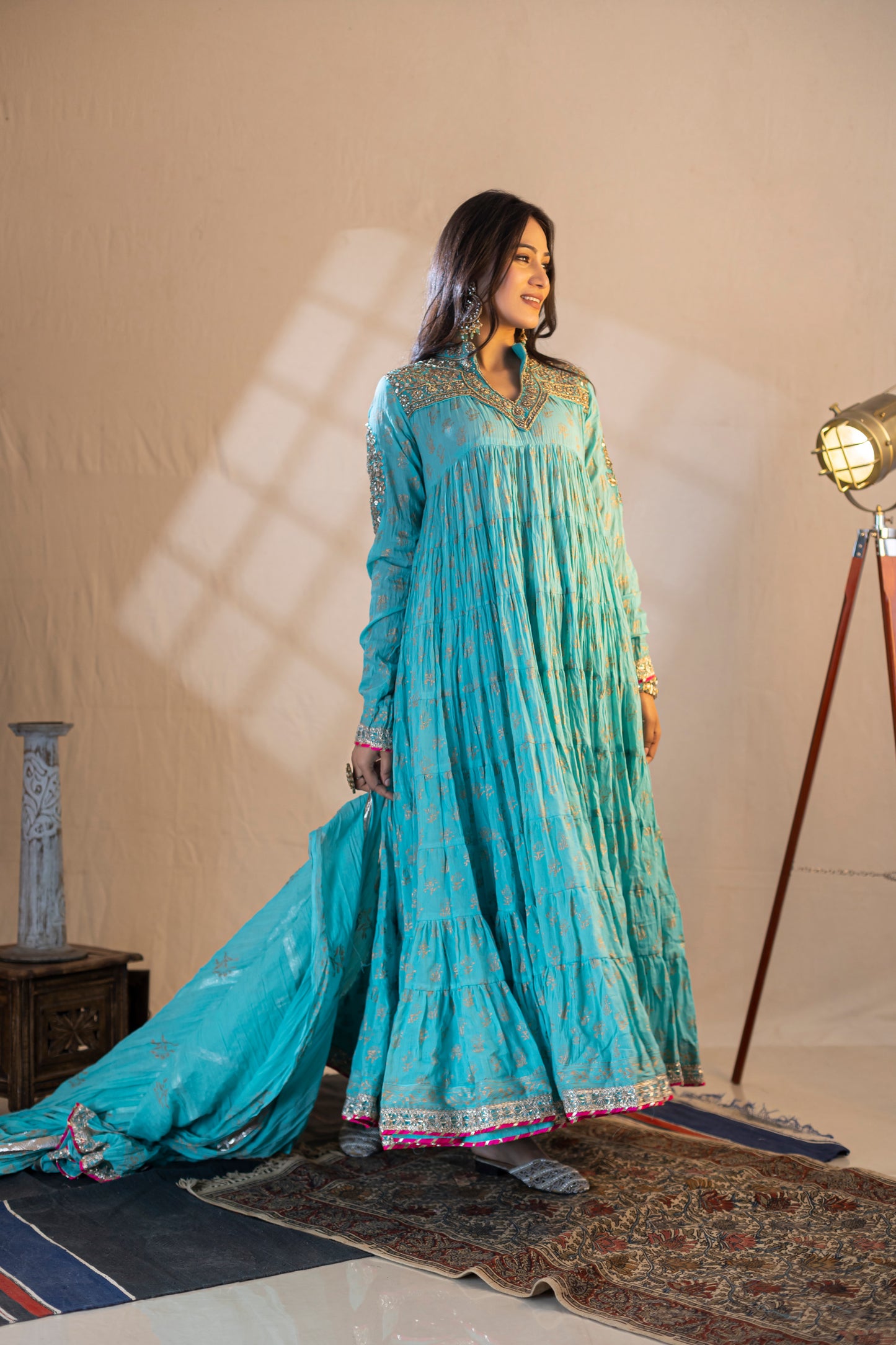 Block-Printed Anarkali Kurta with Gota Patti and Kundan Embellishments, Khari Printed Dupatta, and Churidar