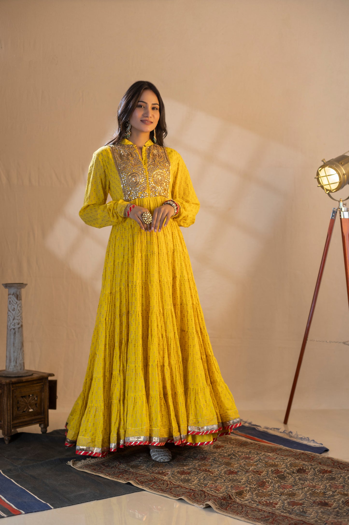 Yellow Anarkali Kurta with Block Printing, Gota Patti, Kundan Work, Khari Printed Dupatta, and Churidar