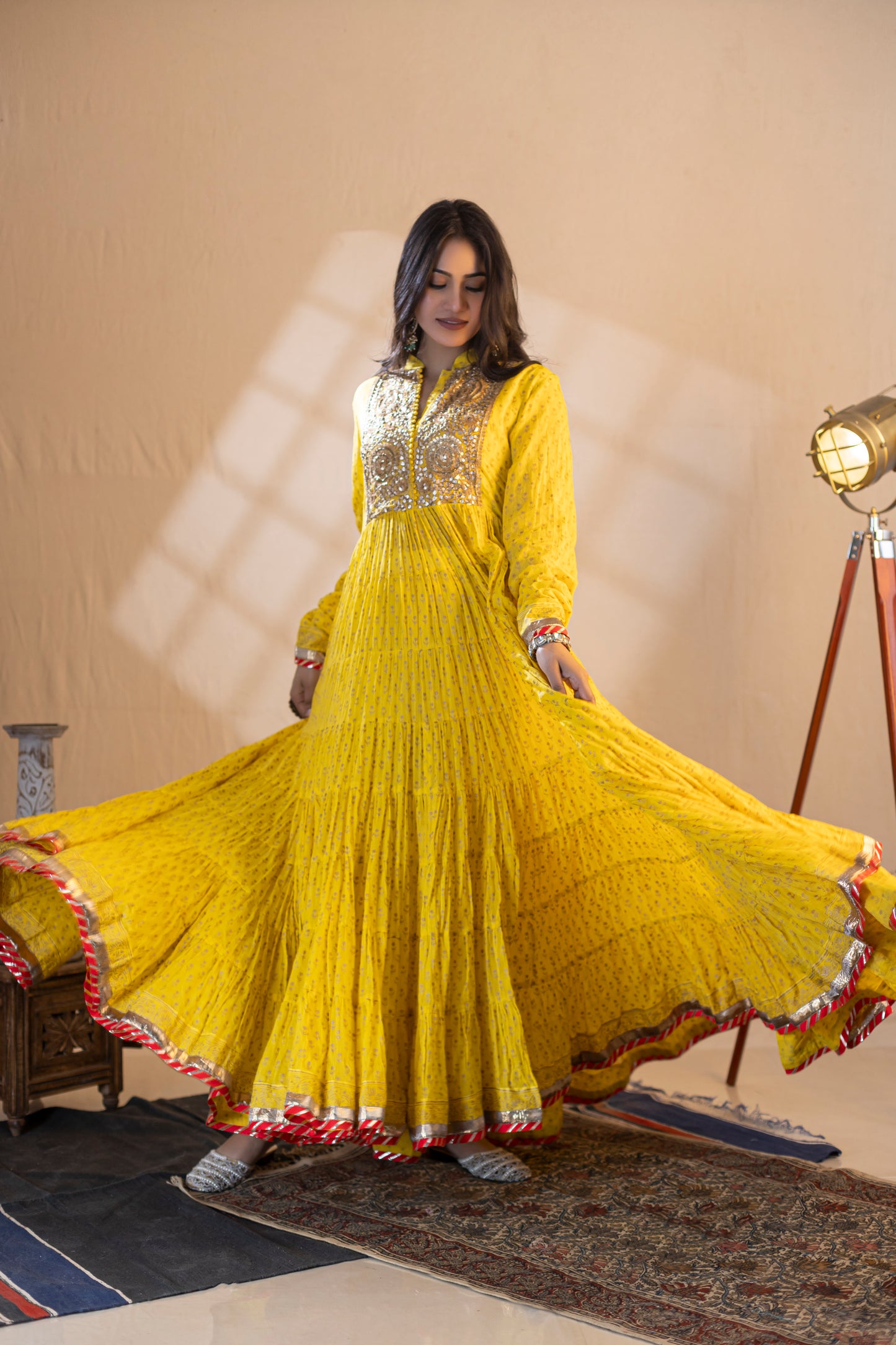 Yellow Anarkali Kurta with Block Printing, Gota Patti, Kundan Work, Khari Printed Dupatta, and Churidar