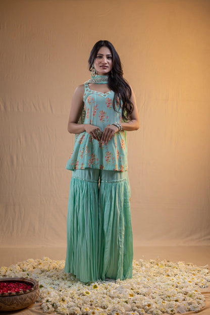 A-Line Cotton Georgette Kurta with Subtle Digital Print, Mirror Work, Matching Dupatta, and Coordinated Garara