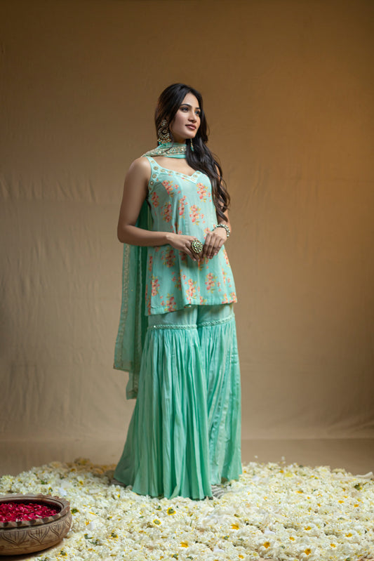 A-Line Cotton Georgette Kurta with Subtle Digital Print, Mirror Work, Matching Dupatta, and Coordinated Garara