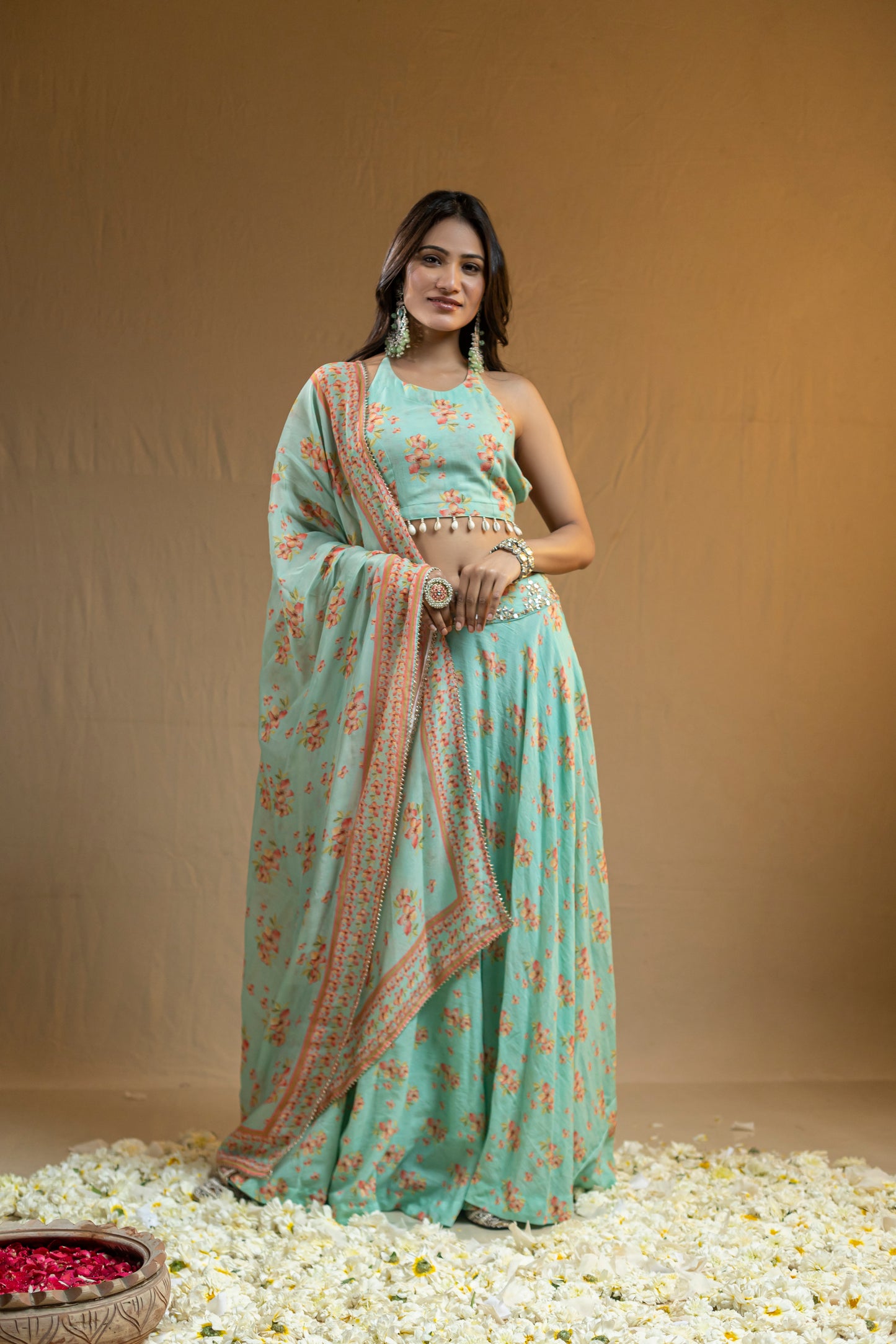 Halter Neck Floral Blouse with Shell Edging, Embroidered Lehenga Belt, and All-Over Printed Floral Dupatta