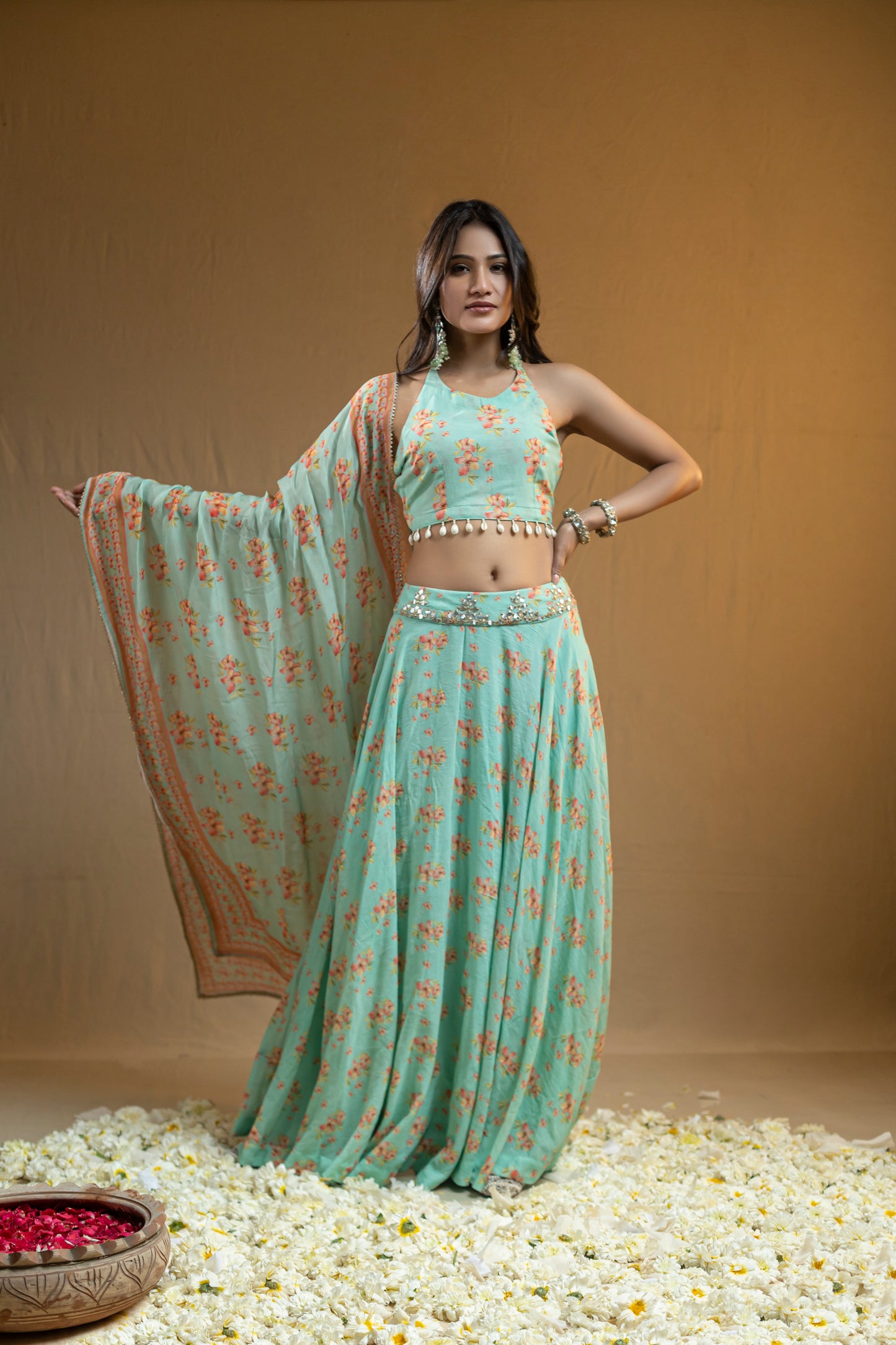 Halter Neck Floral Blouse with Shell Edging, Embroidered Lehenga Belt, and All-Over Printed Floral Dupatta