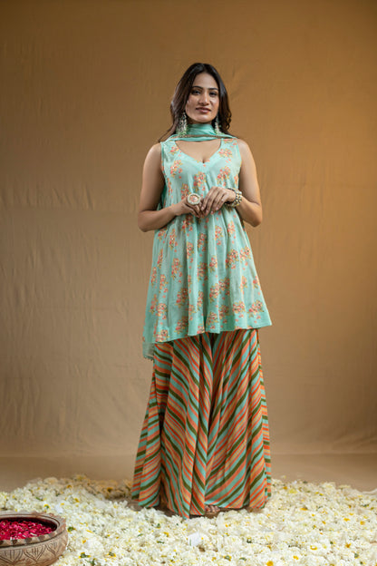 Floral Cotton Georgette Kurta with Zari Embroidery, Striped Sharara, and Subtly Edged Dupatta