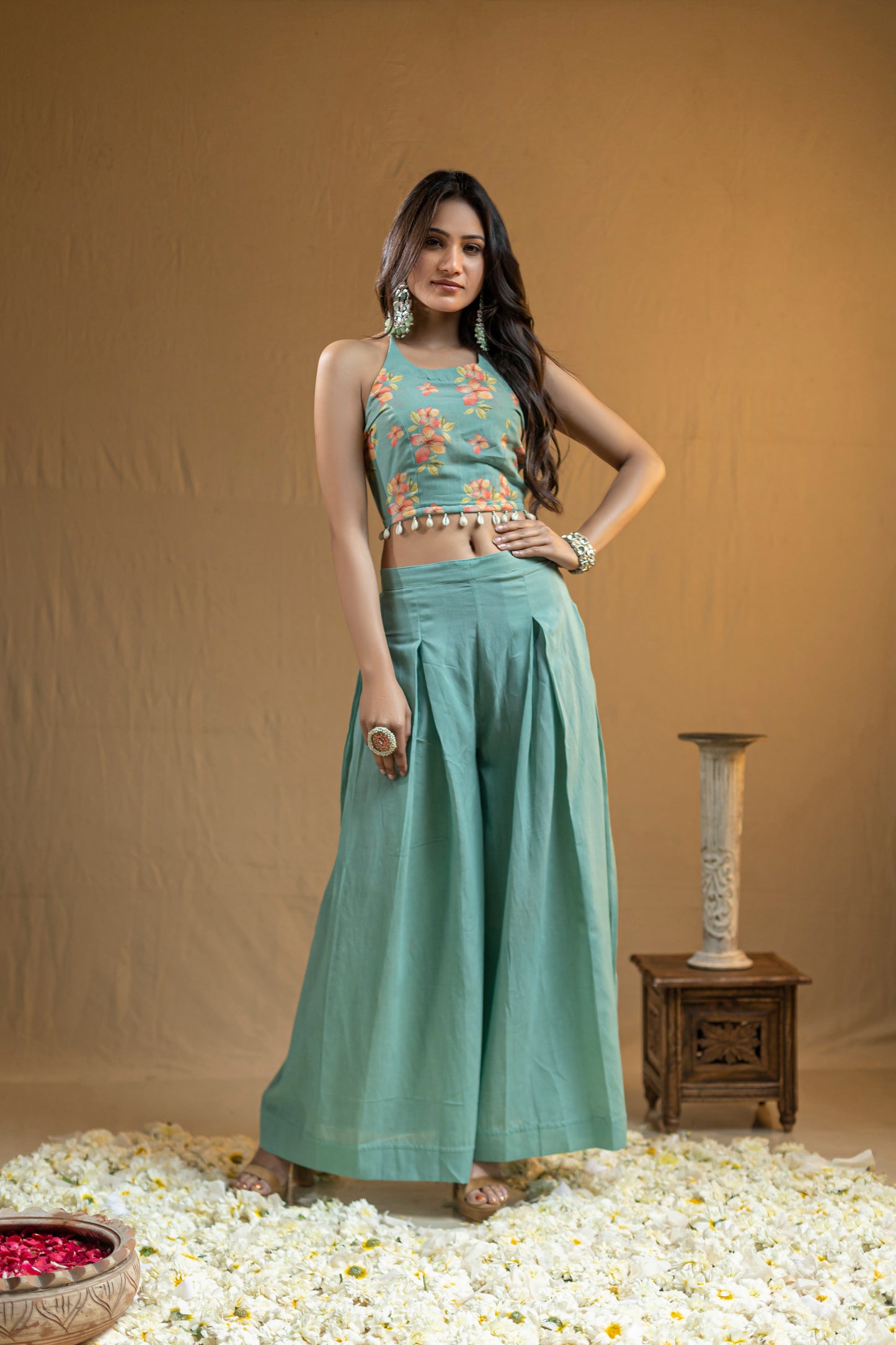 Halter Neck Top with Shell Edging, Paired with Flared Palazzo