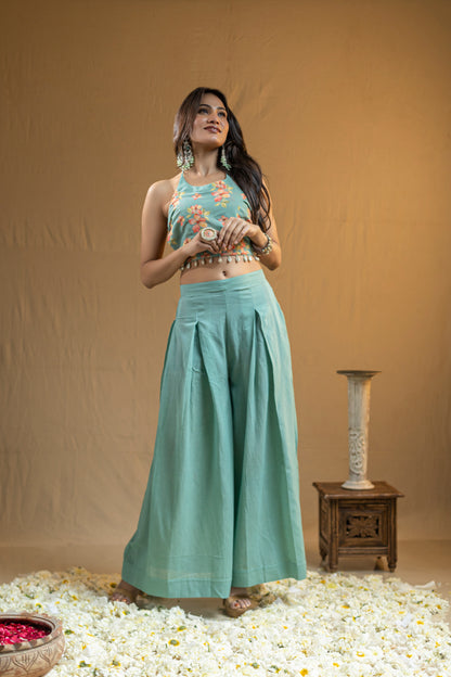 Halter Neck Top with Shell Edging, Paired with Flared Palazzo