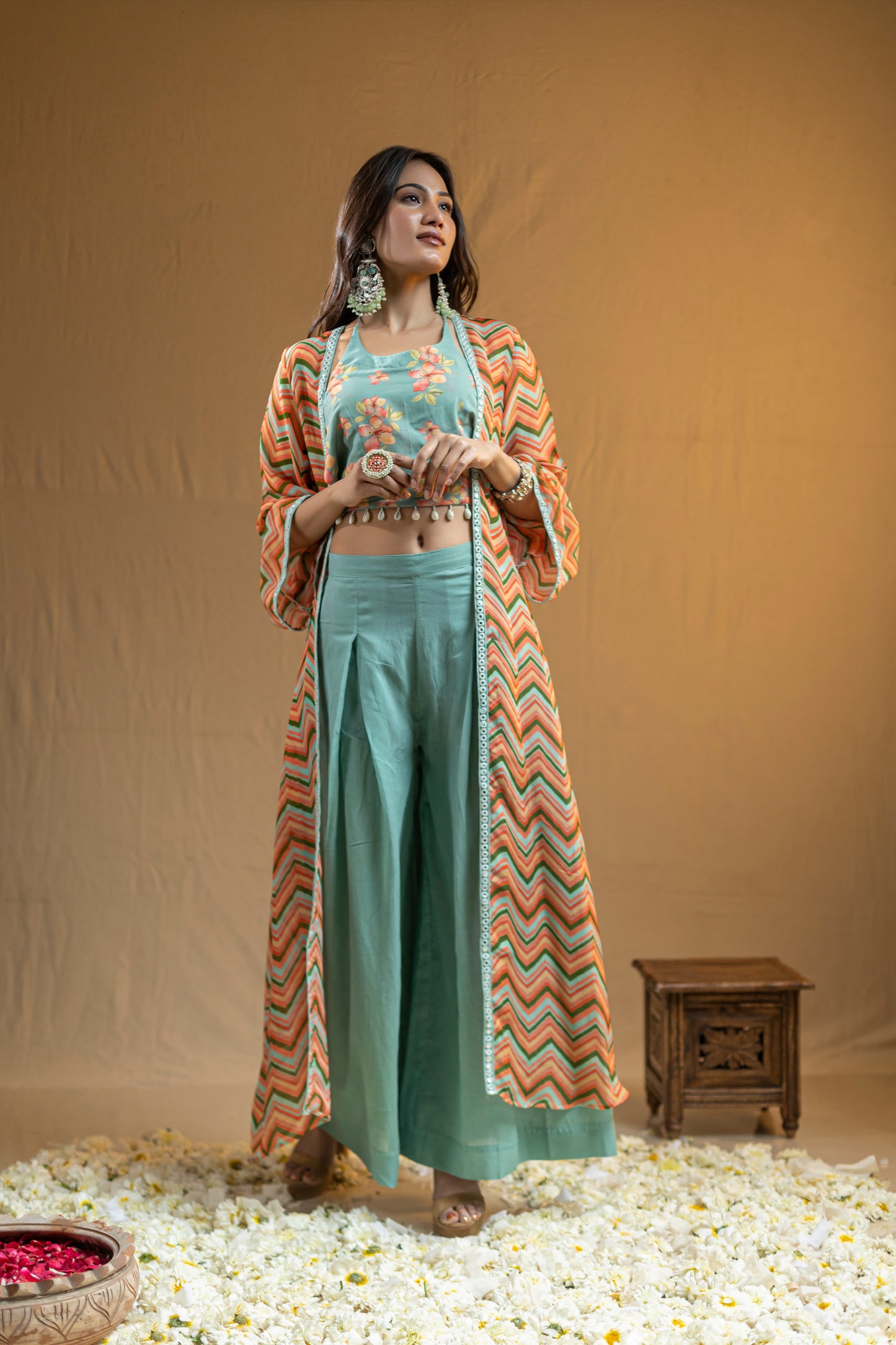 Floral Halter Neck with Shell Edging, Paired with Plain Flared Pants and Chevron Print Cape with Mirror Work Lace