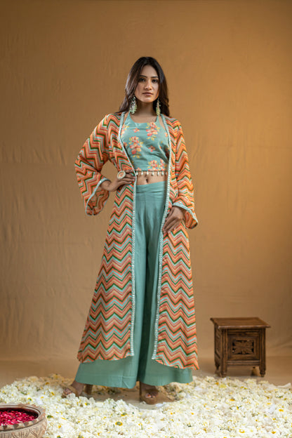 Floral Halter Neck with Shell Edging, Paired with Plain Flared Pants and Chevron Print Cape with Mirror Work Lace