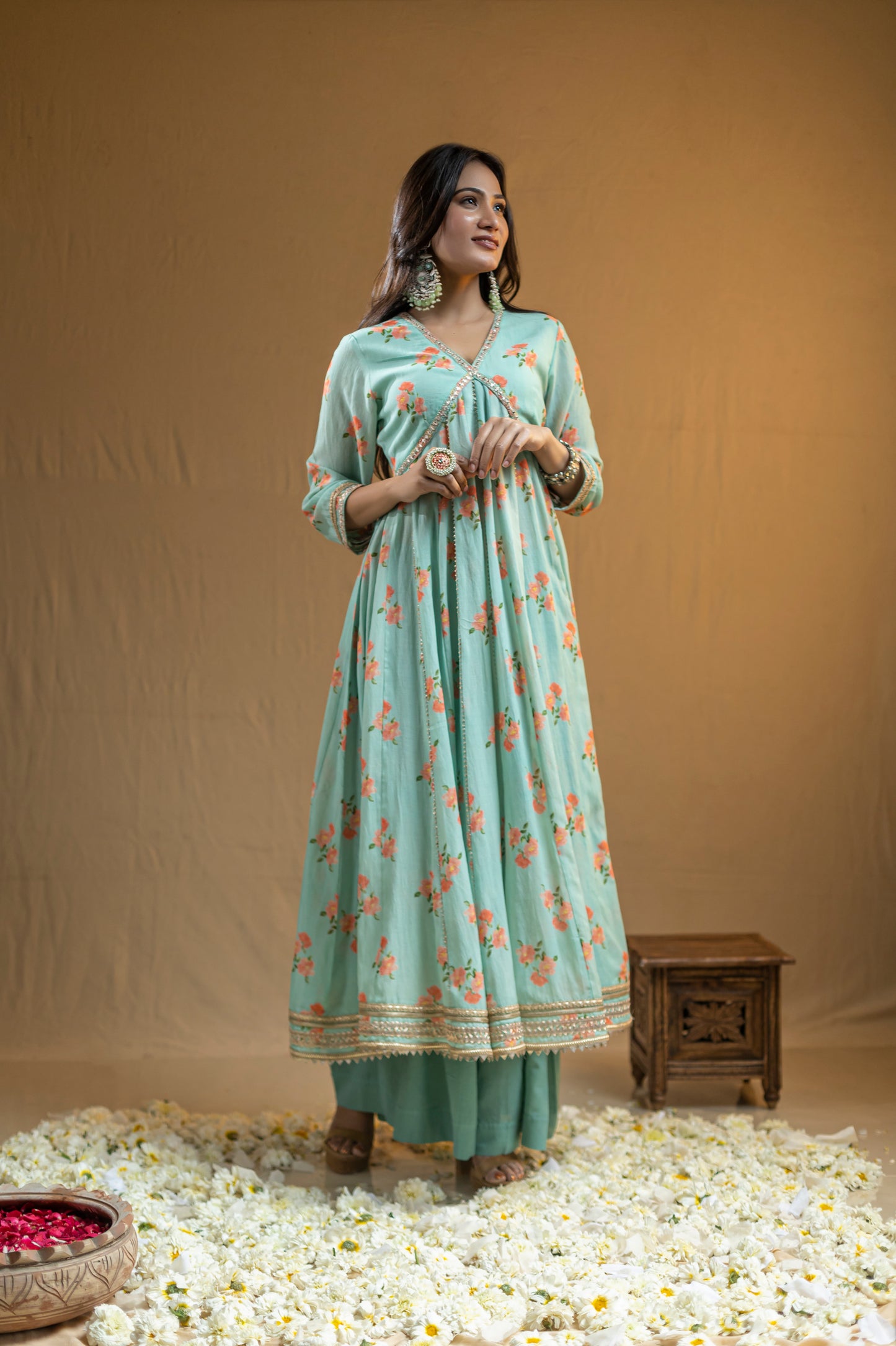 Cotton Georgette with Bust Lace and Hem Detailing, Paired with Flared Pants and Georgette Dupatta with Lace