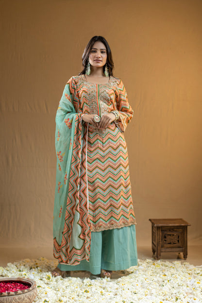 Straight Cotton Georgette Kurta with Subtle Neckline Embroidery, Flared Pants, and Floral Dupatta