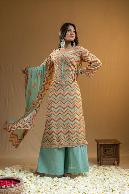 Straight Cotton Georgette Kurta with Subtle Neckline Embroidery, Flared Pants, and Floral Dupatta