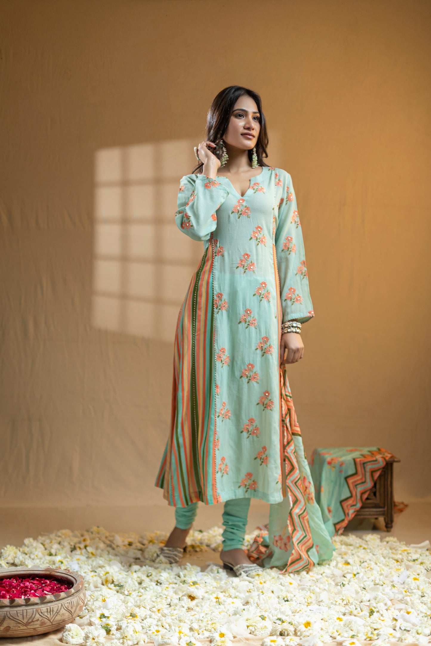 Cotton Georgette Kurta with Embroidered Floral Print and Straight-Line Side Kalis, Paired with Churidar and Dupatta