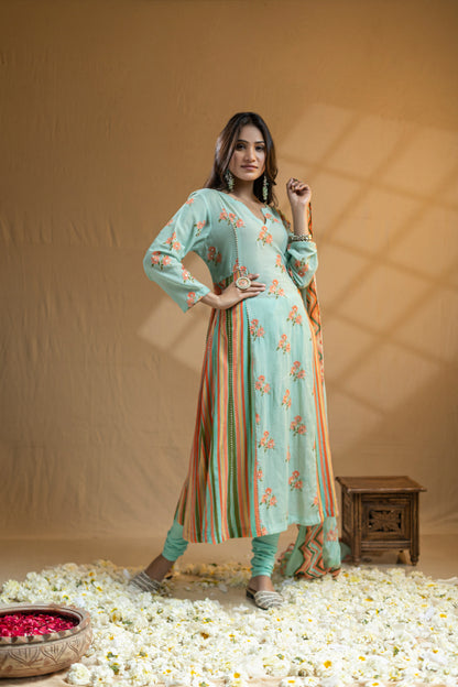 Cotton Georgette Kurta with Embroidered Floral Print and Straight-Line Side Kalis, Paired with Churidar and Dupatta