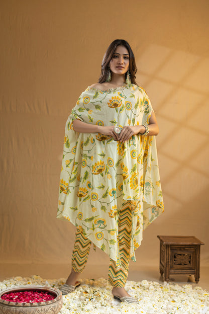 Floral Cape with Embroidered Neckline, Perfectly Paired with Chevron Print Straight Pants