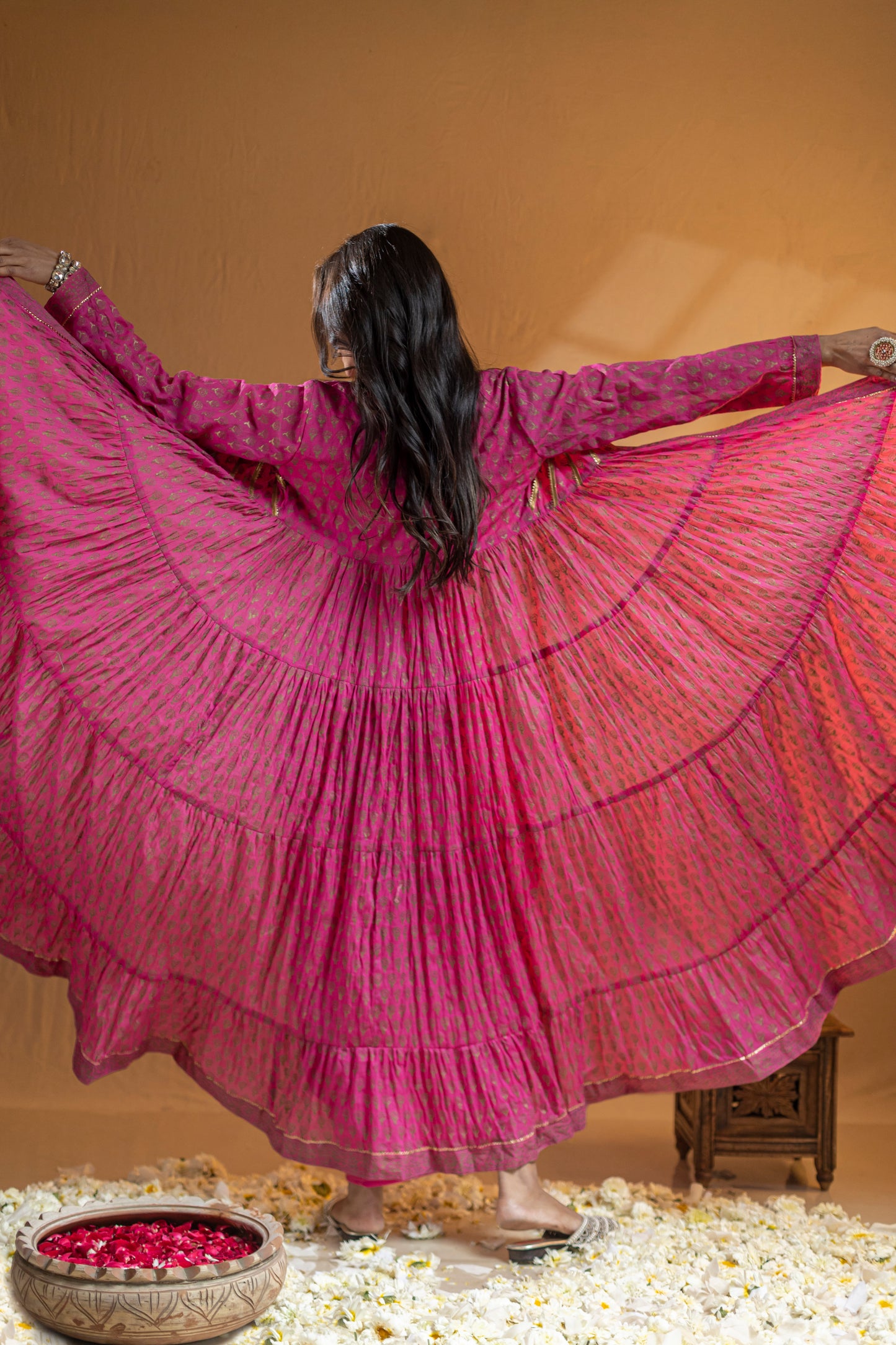 Embroidered Flower Blouse, Draped Skirt, and Khadi Block Print Long Cape