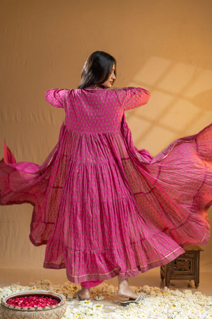 Embroidered Flower Blouse, Draped Skirt, and Khadi Block Print Long Cape