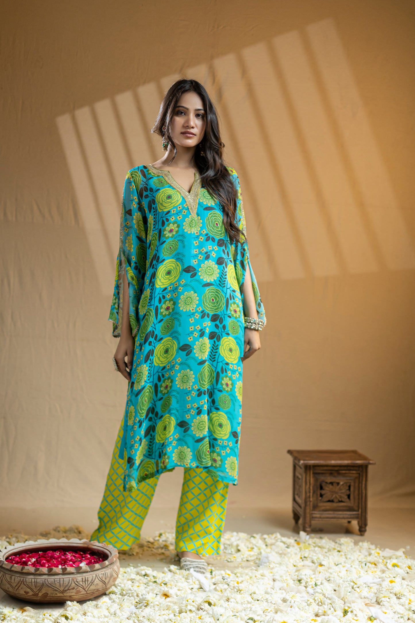 Georgette Kaftan with Gold Neckline Embroidery and Mirror Work