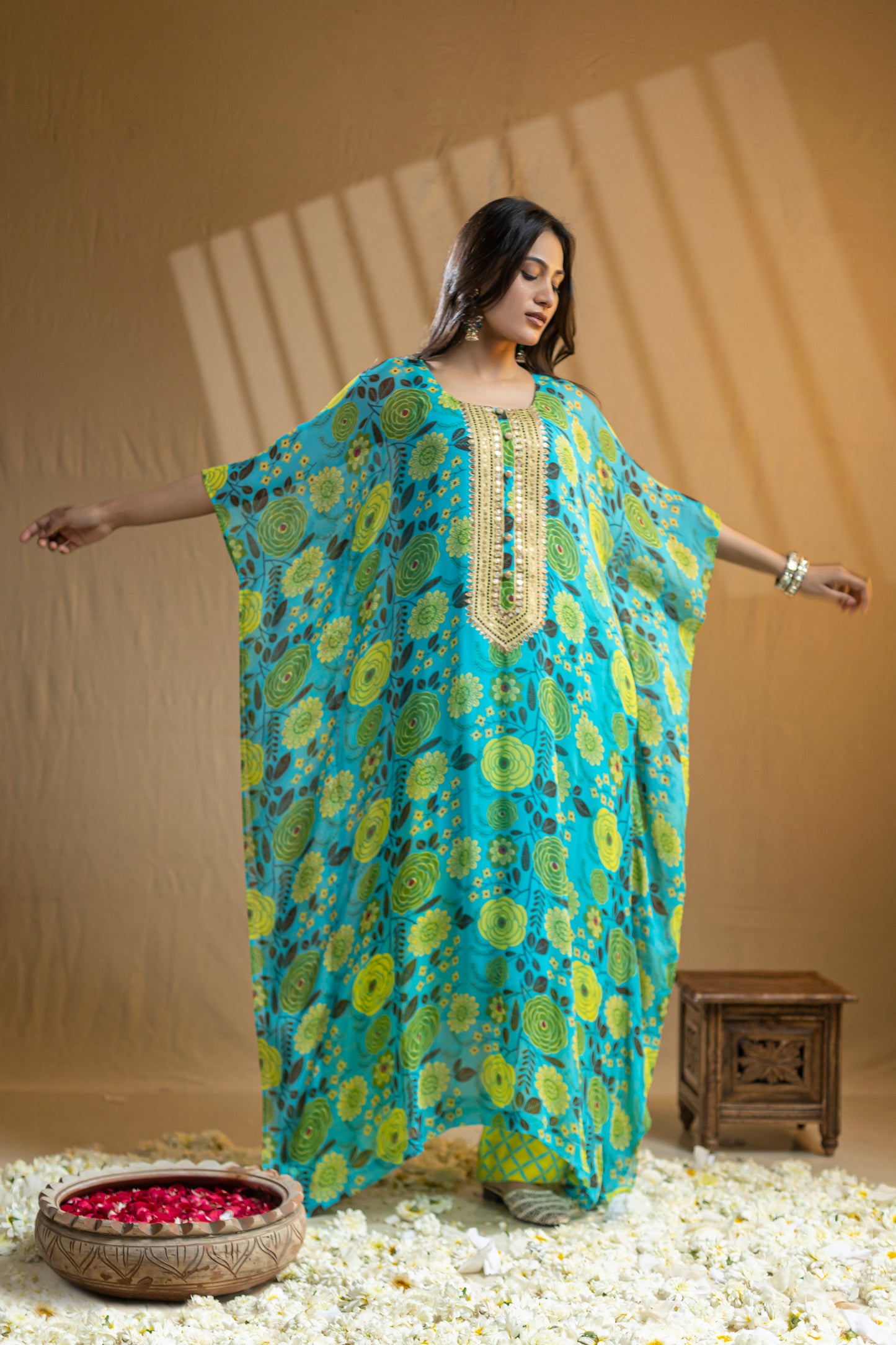 Georgette Kaftan with Gold Neckline Embroidery and Mirror Work