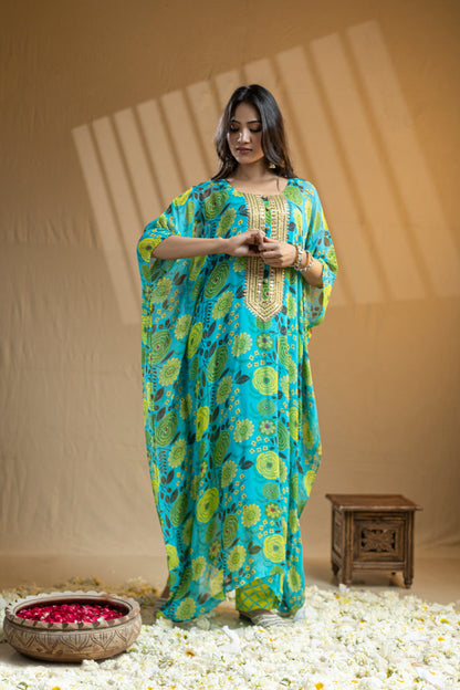 Georgette Kaftan with Gold Neckline Embroidery and Mirror Work