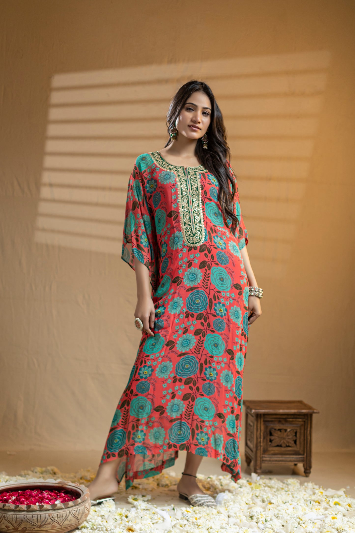 Red and Green Georgette Kaftan with Zari Embroidery and Sequin Work