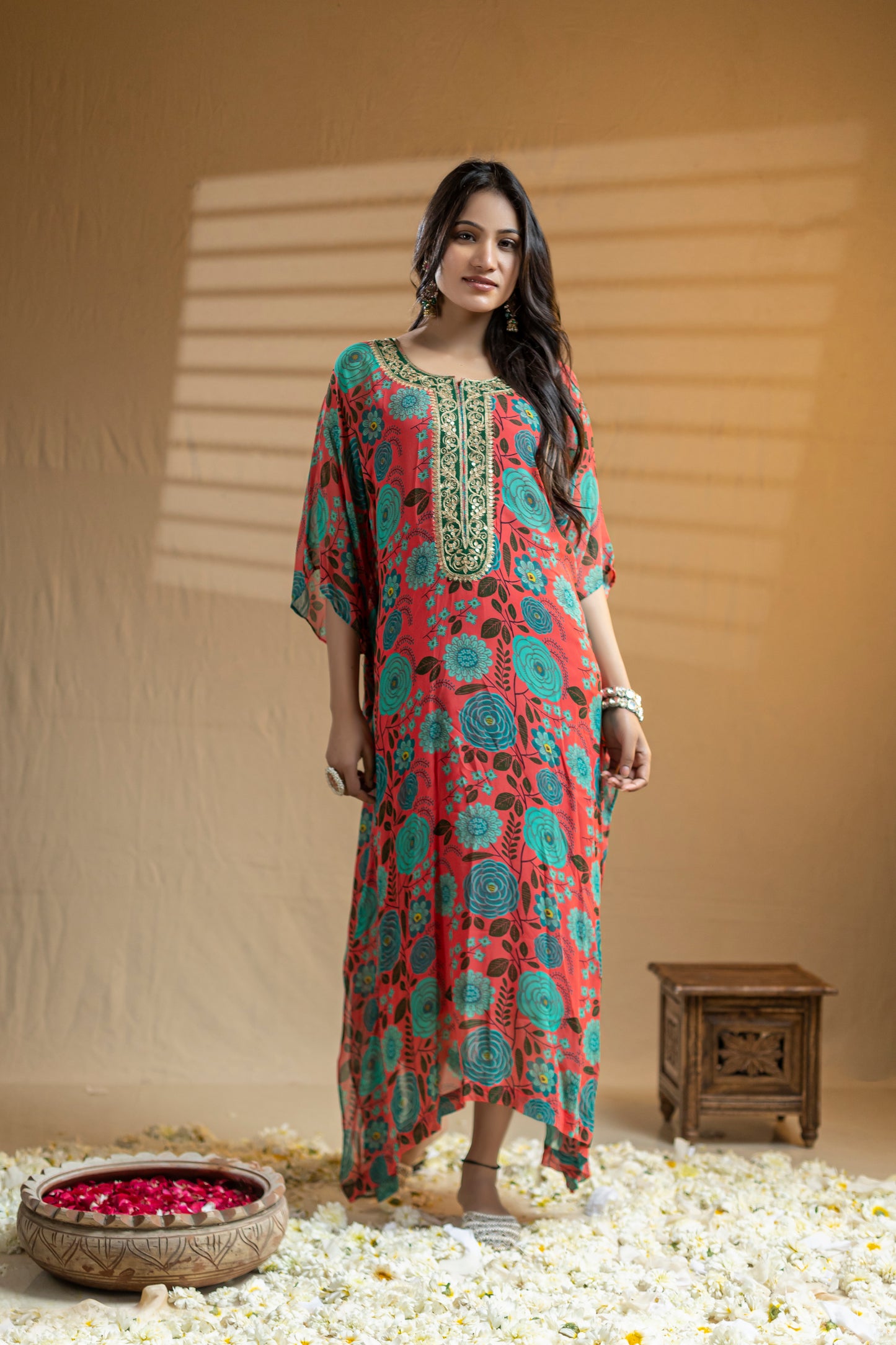 Red and Green Georgette Kaftan with Zari Embroidery and Sequin Work