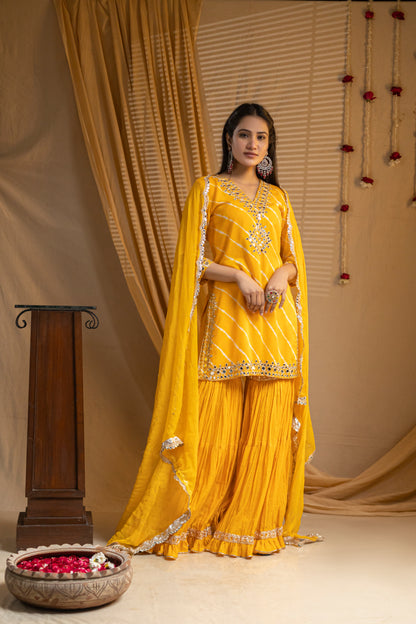 Leheriya Cotton Kurta with Mirror Work Neckline, Crinkled Garara, and Georgette Dupatta