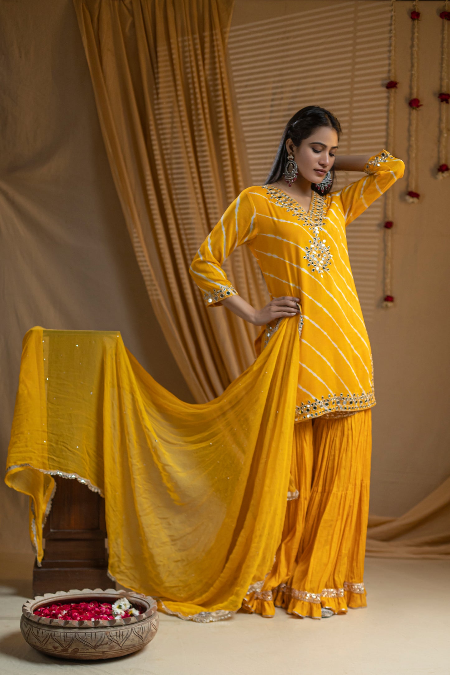 Leheriya Cotton Kurta with Mirror Work Neckline, Crinkled Garara, and Georgette Dupatta