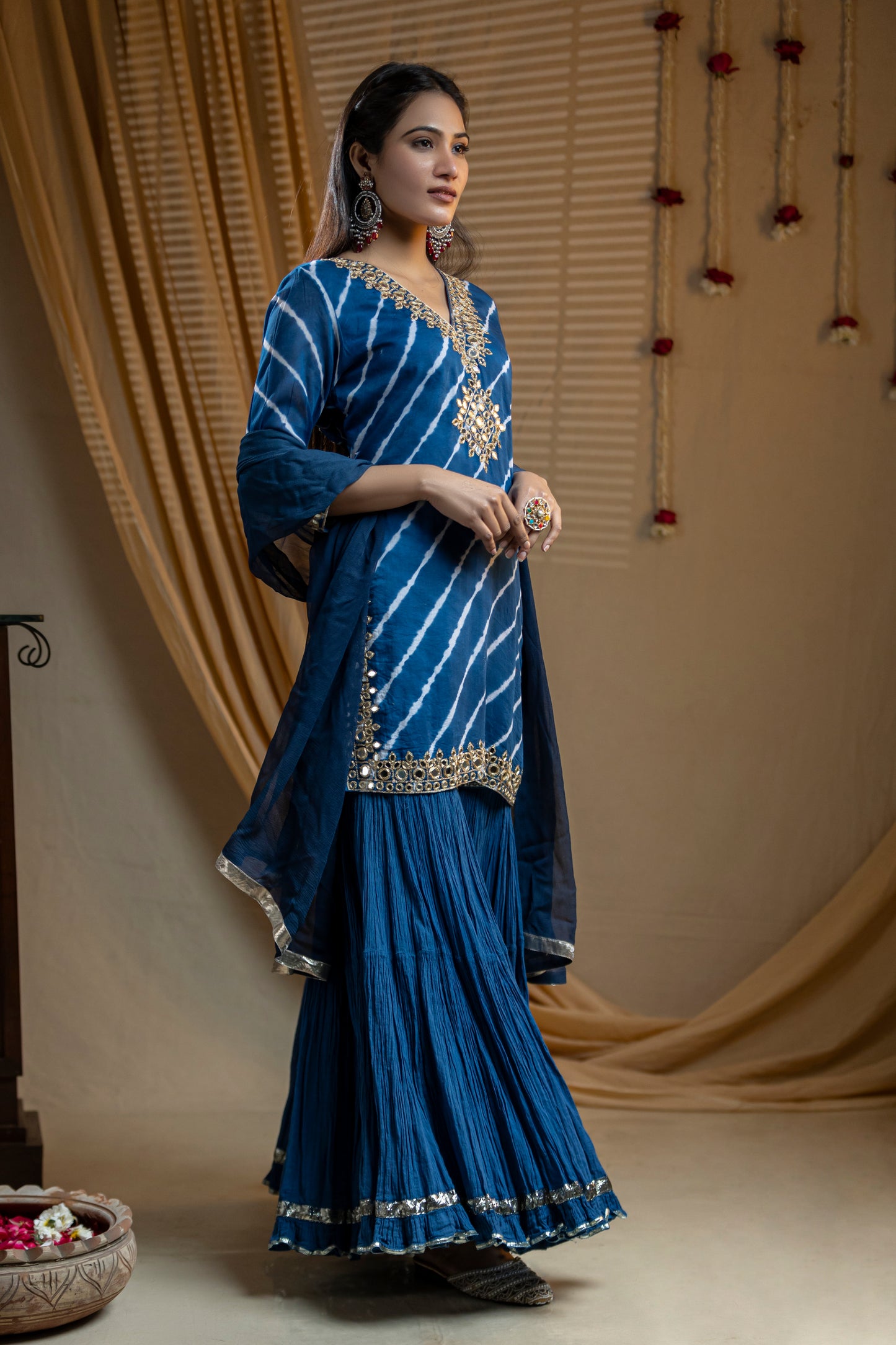 Leheriya Cotton Kurta with Mirror Work Neckline, Crinkled Garara, and Georgette Dupatta